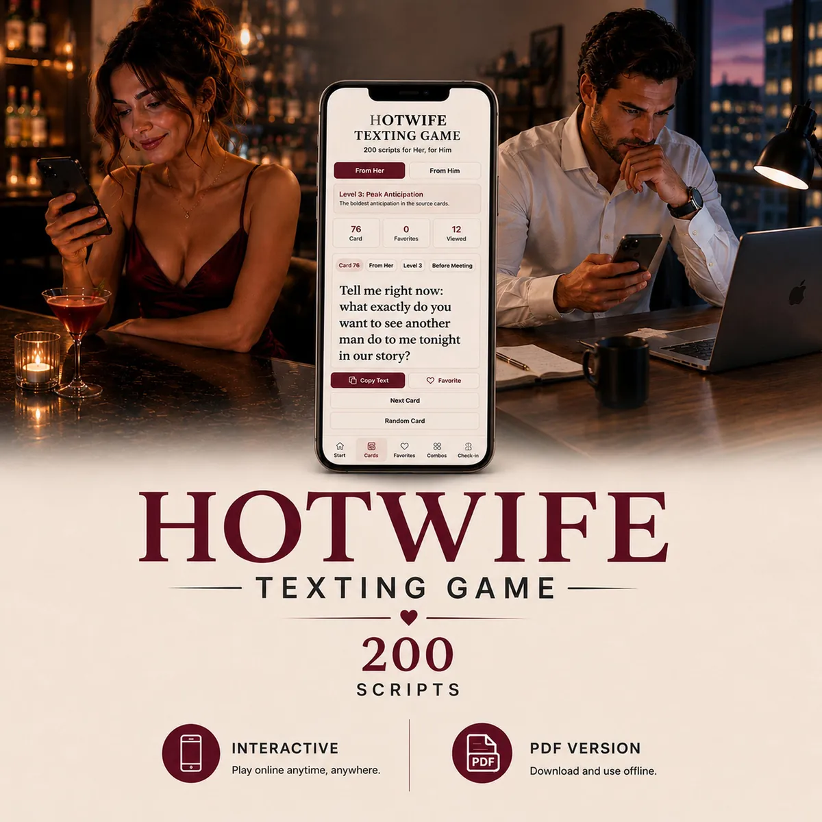 200 Hotwife Texts for Couples, Interactive Fantasy Scripts, Adult PDF Card Deck image 1